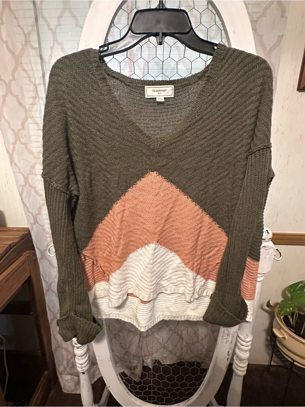 No Comment Olive V-Neck Chevron Sweater with Peach & Cream Panels